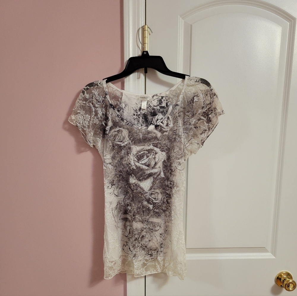 Womens Dressbarn White & Black Floral Lace Overlay Top- S- Feminine,  Bohemian